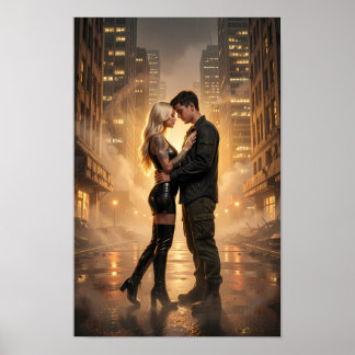 Póster de Amantes bajo la Lluvia en una Calle Dora