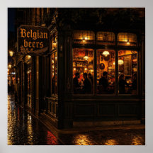 Póster de ambiente de pub belga en noche lluviosa
