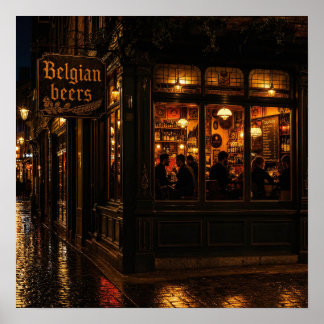 Póster de ambiente de pub belga en noche lluviosa