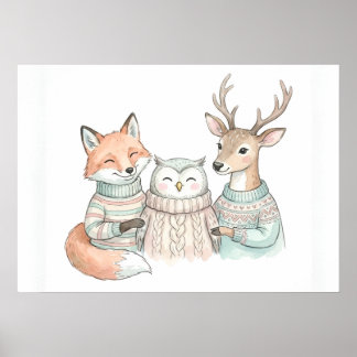 Póster de amigos zorro ciervo lindo invierno