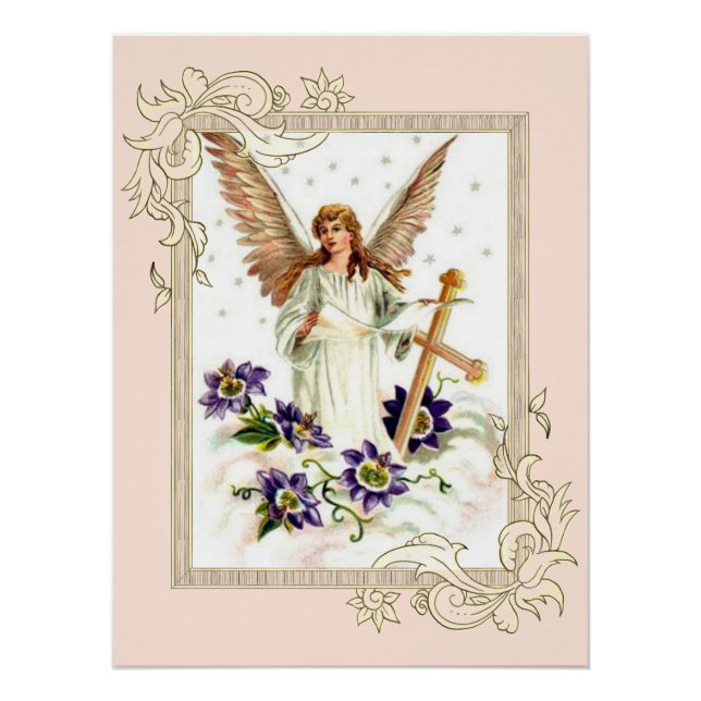 Póster de ángel con cruz y flores de clemátide (Anverso)