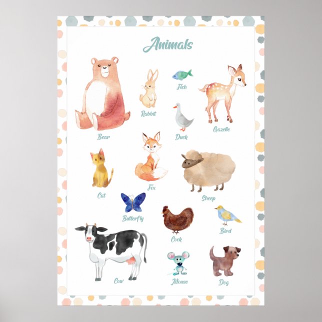 Poster de animales, arte de pared imprimible, educ (Frente)