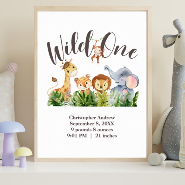Póster de animales de Safari de la jungla de estad (Wild One Nursery Wall Art Birth Stats Baby Shower Gift)