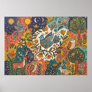 Póster de Animales del Bosque Folk Colorido