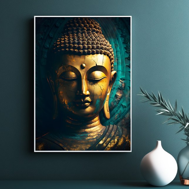 Poster de antigüedades de arte azul de oro frente  (Peaceful Buddha Face Gold Blue Art Antique Poster)