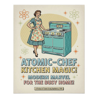 Póster de anuncio de cocina de la era atómica