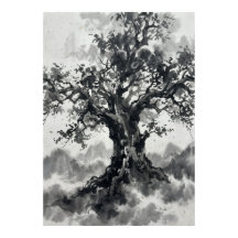 Póster de árbol con tinta lavada | Arte Zen japoné