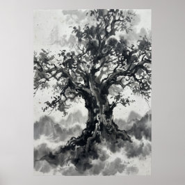 Póster de árbol con tinta lavada | Arte Zen japoné