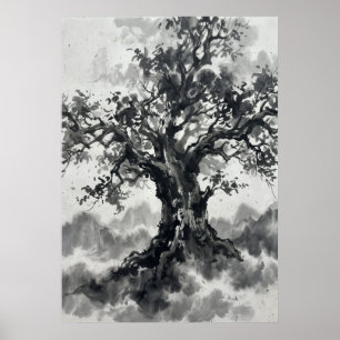Póster de árbol con tinta lavada Arte Zen japoné