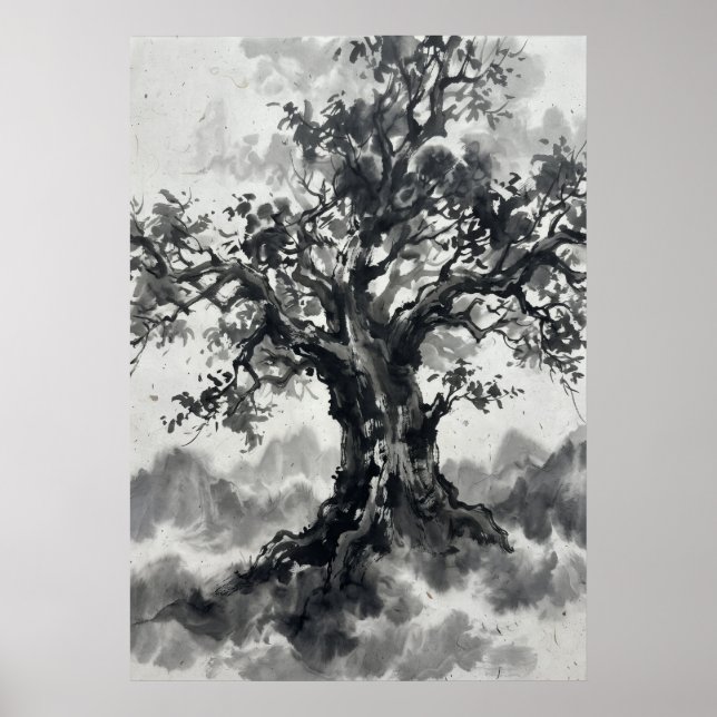 Póster de árbol con tinta lavada | Arte Zen japoné (Frente)