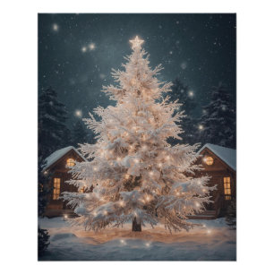 Póster de árbol de Navidad blanco Lumineo y cabaña