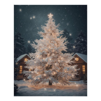 Póster de árbol de Navidad blanco Lumineo y cabaña
