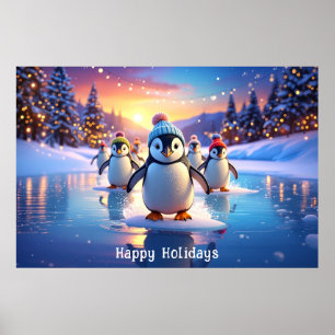 Póster de árbol de pingüinos lindos con sombreros 