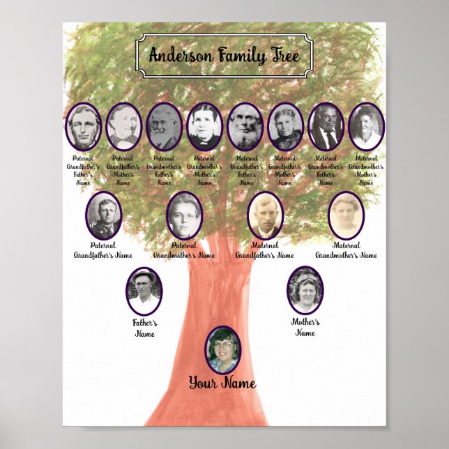 Póster de árbol genealógico de hoja verde acuarela (Frente)