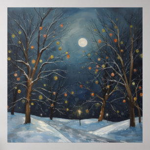 Póster de árboles iluminados por la luna en invier