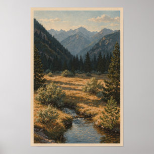 Póster de arroyo de prado alpino y cresta de monta