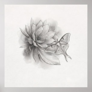 Póster de arte a lápiz de la flor de loto de la po
