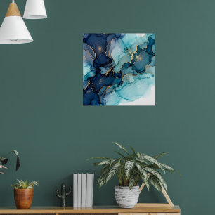 Póster de arte abstracto de fluido azul teal oscur