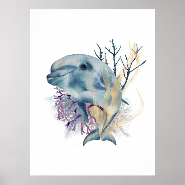 Poster de arte acuarela Blue & Gold Dolphin Wall (Frente)