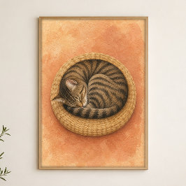 Póster de arte acuarela caprichoso de gato dormido