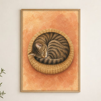 Póster de arte acuarela caprichoso de gato dormido