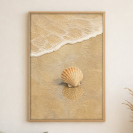 Póster de arte acuarela costero con concha en aren