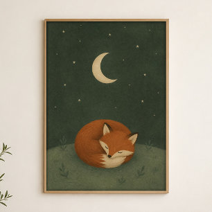 Póster de Arte Acuarela Lunar del Zorro Soñoliento
