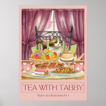Póster de Arte Acuarela "Té con Tabby"