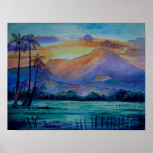 Poster de arte acuático Mount Kinabalu Sunrise Wat