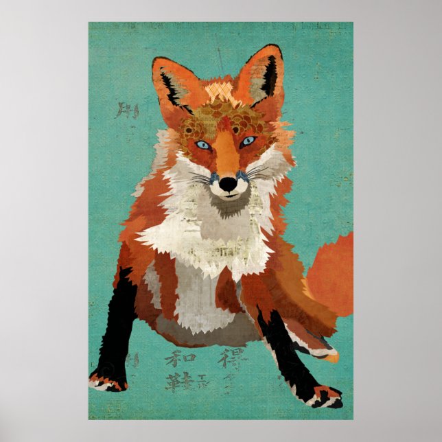 Poster de arte azul Amber Fox Retro (Frente)
