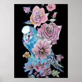 Poster de arte Blue Budgie Red Rose Black Watercol