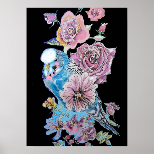 Poster de arte Blue Budgie Red Rose Black Watercol (Frente)