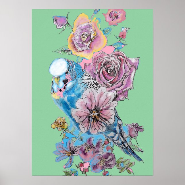 Poster de arte Blue Budgie Red Rose Green Watercol (Frente)