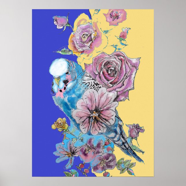 Poster de arte Blue Budgie & Red Rose Navy Waterco (Frente)