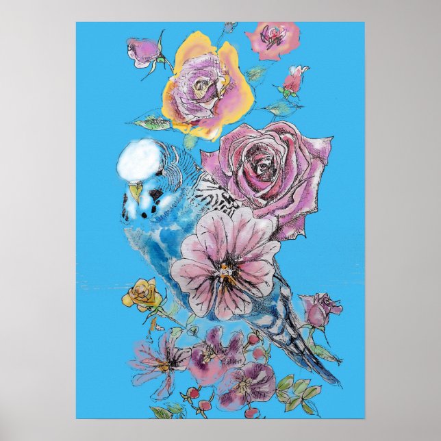 Poster de arte Blue Budgie Red Rose Pastel Waterco (Frente)