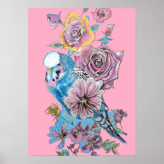 Poster de arte Blue Budgie Red Rose Pink Watercolo (Frente)