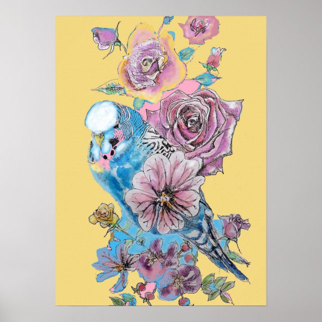 Poster de arte Blue Budgie Red Rose Yellow Waterco (Frente)
