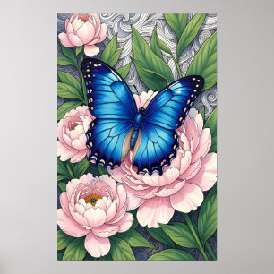 Póster de arte botánico floral de mariposa Morpho 