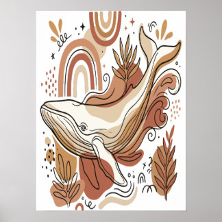 Póster de arte botánico oceánico de ballena boho