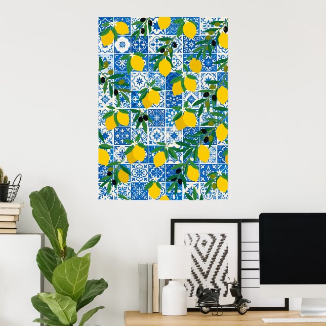 Póster de arte con patrón de azulejos azules y lim (Oficina en casa)