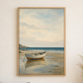 Póster de arte costero acuarela de bote de remos e