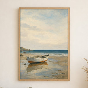 Póster de arte costero acuarela de bote de remos e