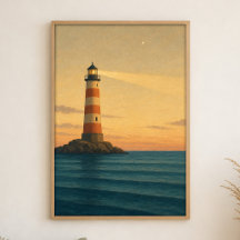 Póster de arte costero acuarela Faro al anochecer