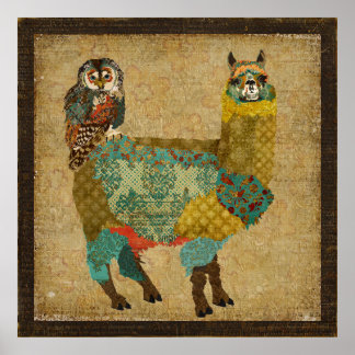 Poster de Arte de Alpaca y Lechuza Verde azulada d