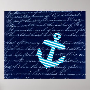 Poster de arte de ancla azul a rayas náuticas