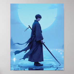 Póster de arte de anime de Samurái solitario luna