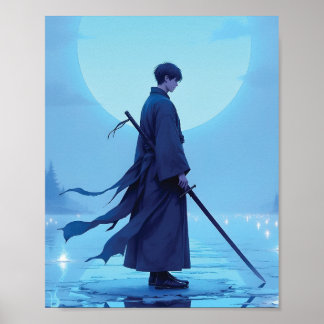 Póster de arte de anime de Samurái solitario luna