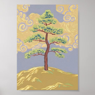 Póster de arte de árbol solitario en ladera brumos