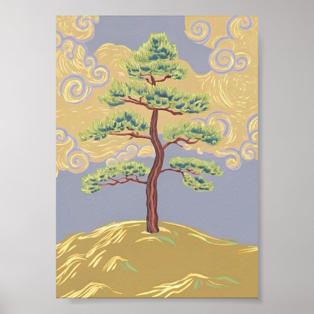 Póster de arte de árbol solitario en ladera brumos (Frente)