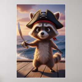 Póster de arte de aventura de mapache pirata lindo